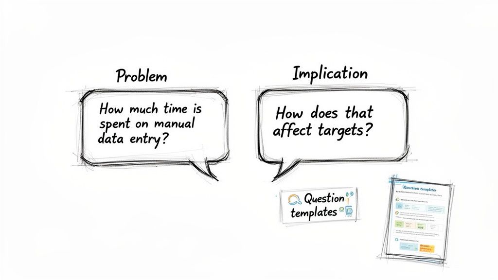 Sketch illustrating a business problem: manual data entry time, its impact on targets, and question templates.