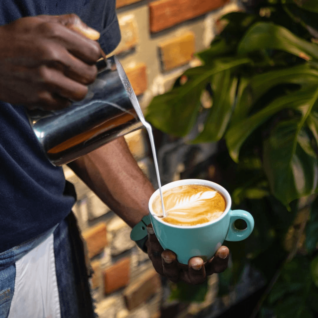 Barista pouring milk into our specialty coffee, creating leaf art.
