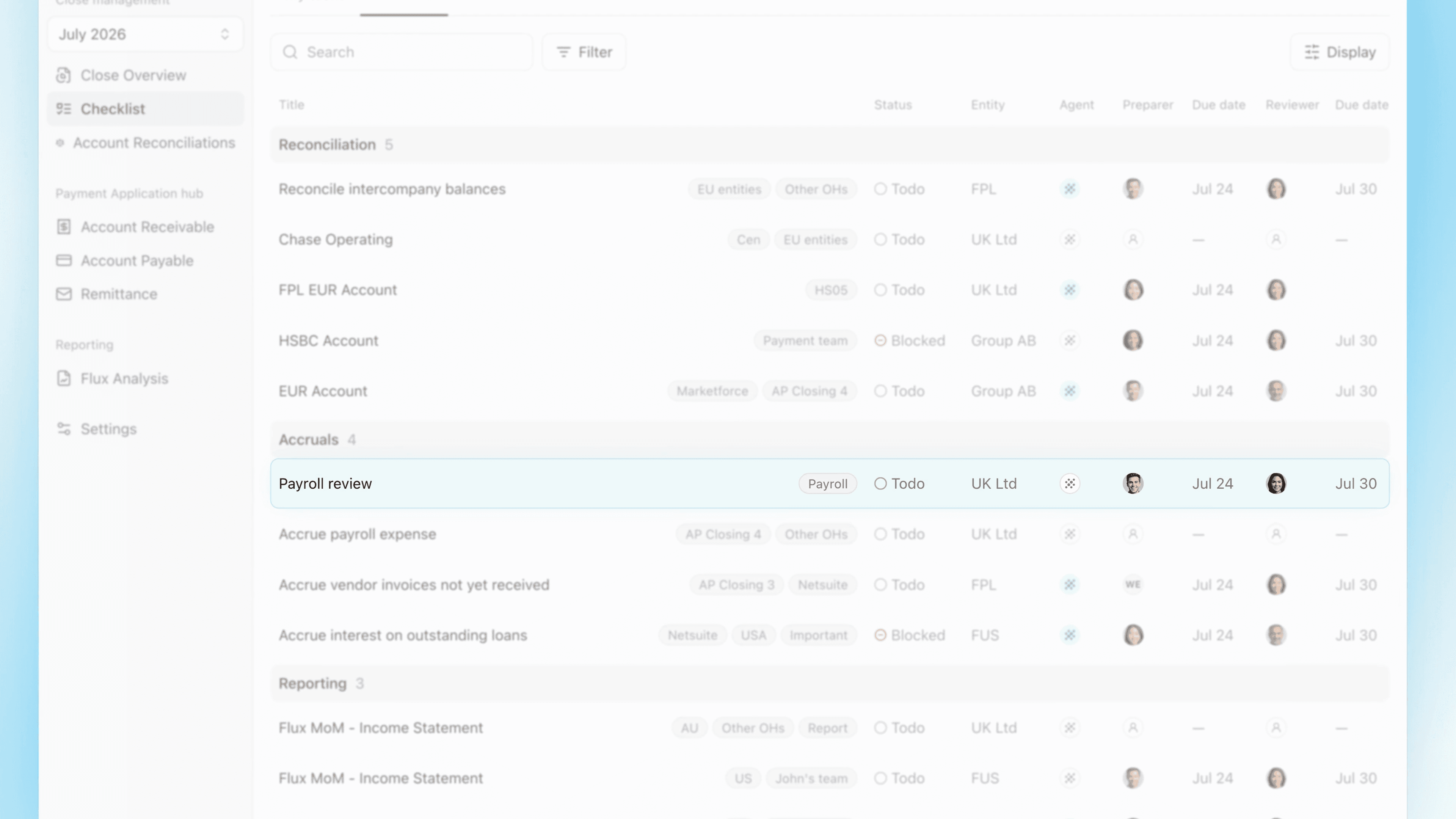 Launch demo: the new Payroll review task highlighted in the Stacks checklist.