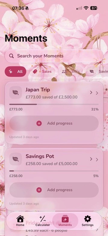 MochiMoney early Moments screen with savings goals in the pink sakura theme