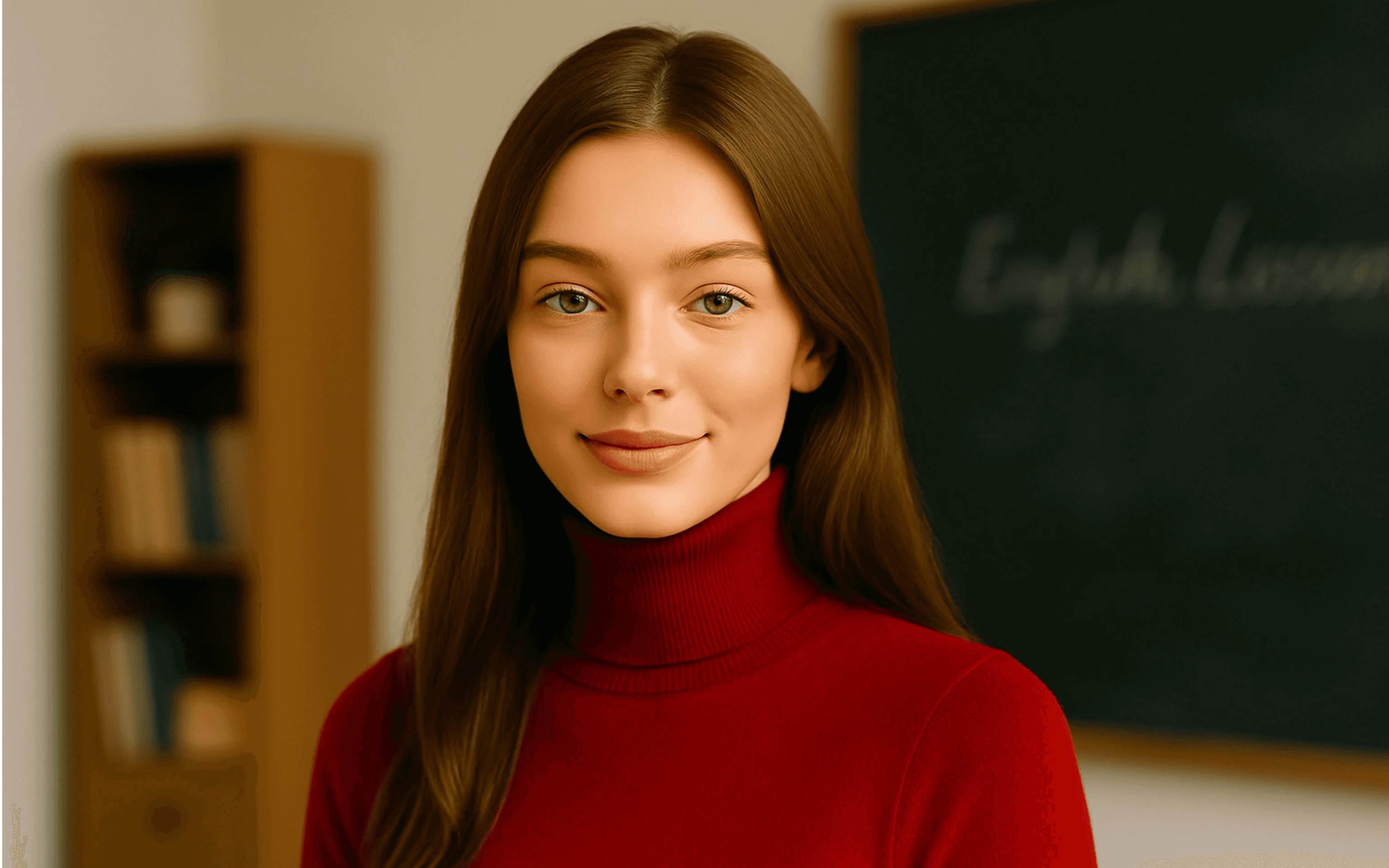 Rachel Carter, smiling English teacher in a red turtleneck, standing in a classroom with a chalkboard reading “English Lesson” in the background, representing confidence and warmth in teaching.