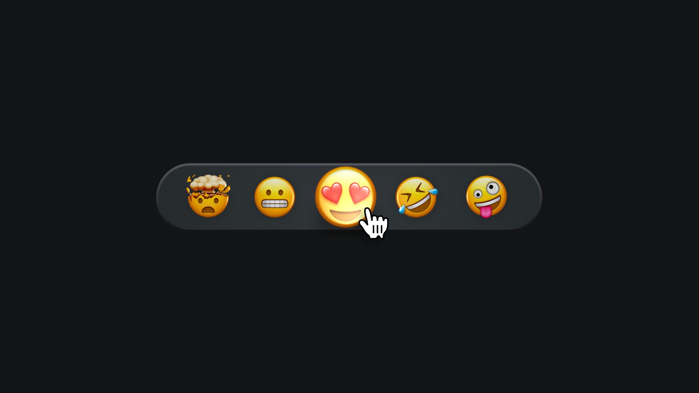 Emoji reaction bar with a hand cursor selecting a heart-eyes emoji among various expressive faces on a dark background