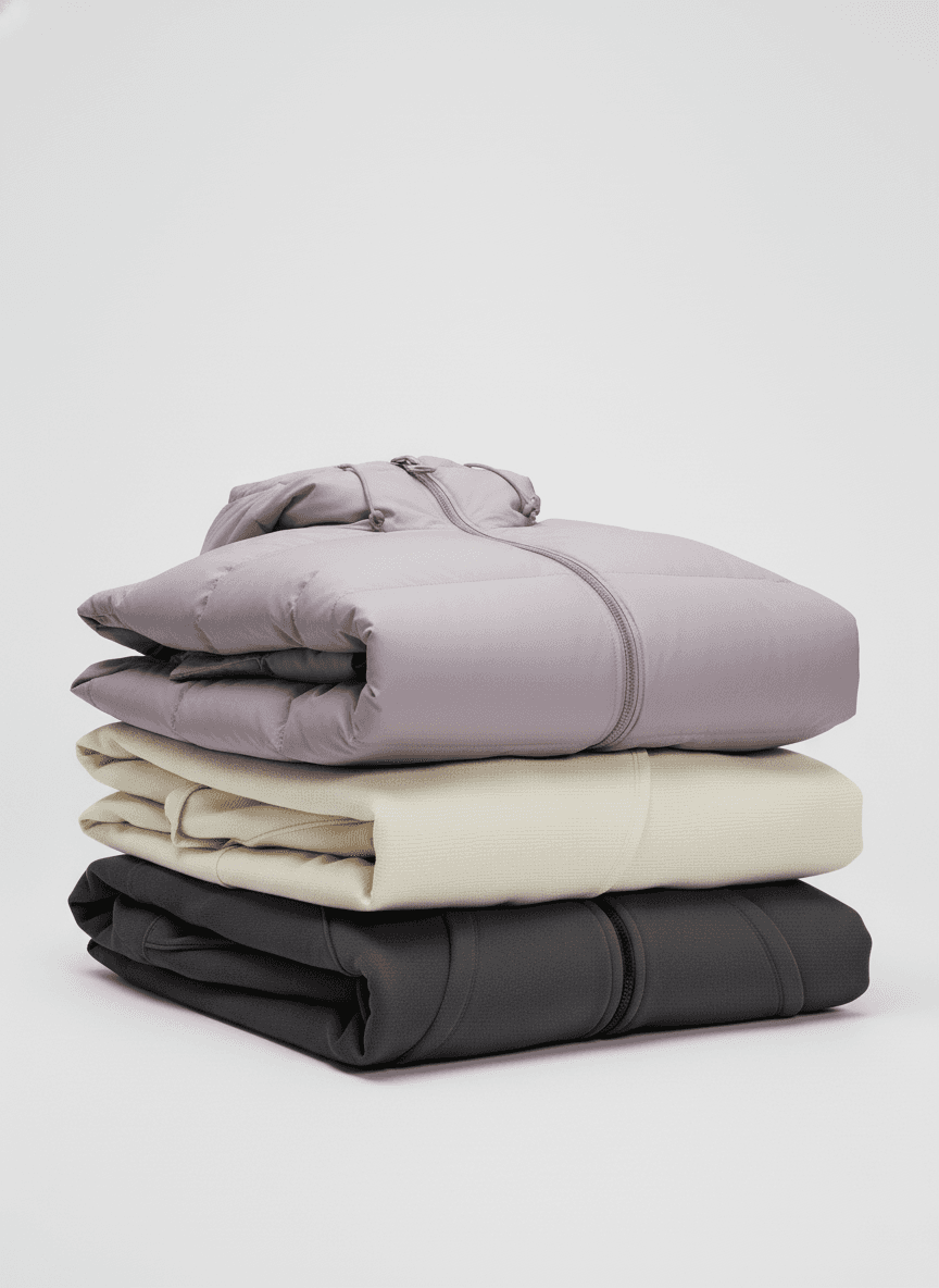 Stack of three folded puffer jackets in lilac, cream, and dark gray on a light background