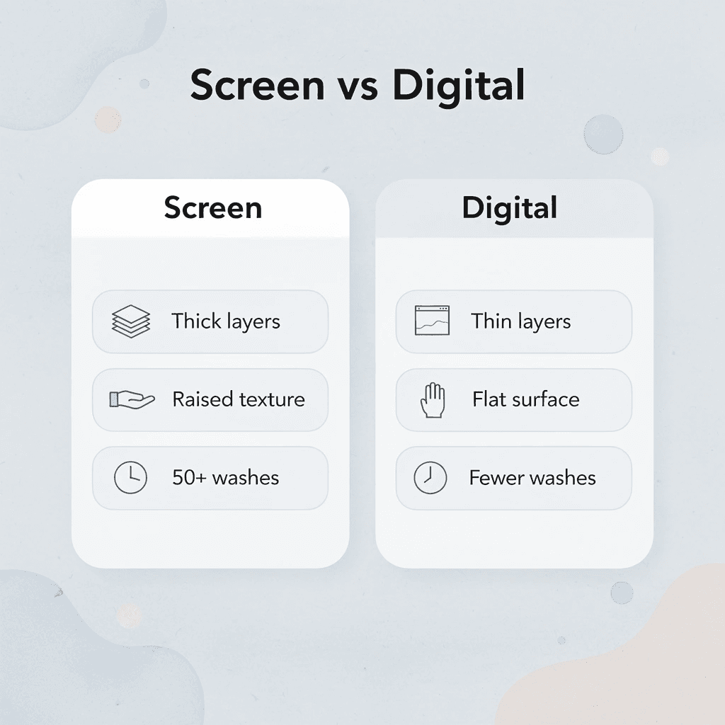 Comparison chart showing screen printing vs digital printing differences