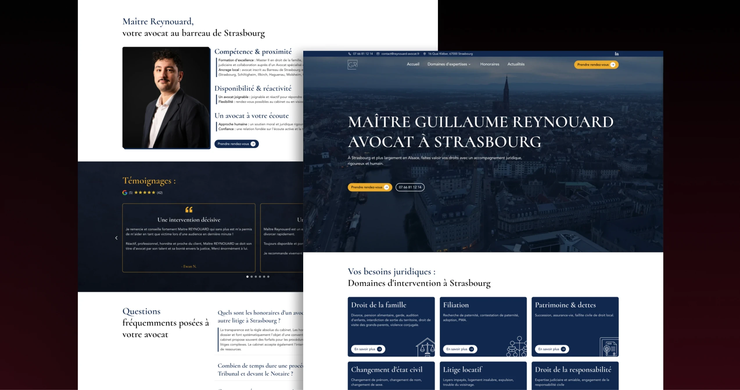 Rendu final du site : hero section, présentation de l’avocat, témoignages clients, FAQ et domaines d’intervention