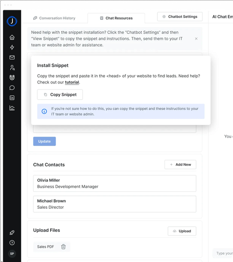 AI sales chatbot setup showing installation and chat contact integration.