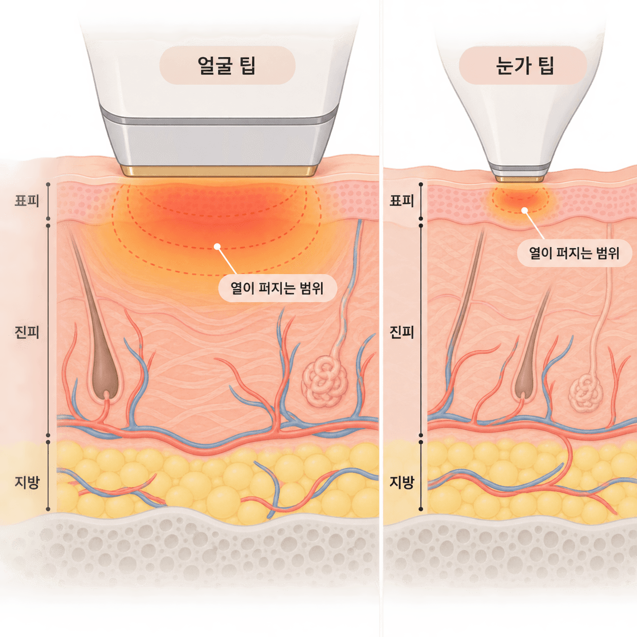 얼굴 팁은 넓게, 눈가 팁은 좁고 얇은 자리에 맞춰 열을 전달해요