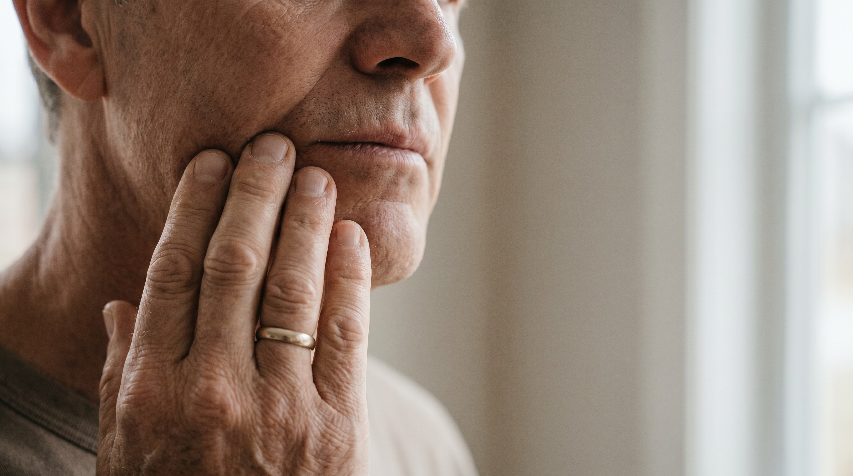 Adult touching their jaw near the mouth with a concerned expression in soft natural light