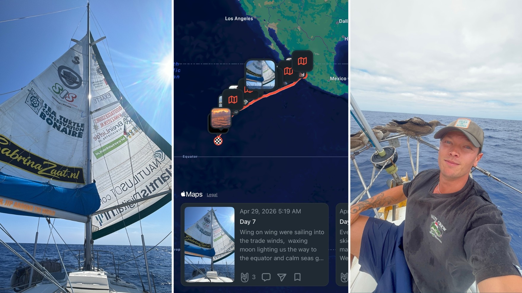 Sea people user on his sailboat crossing the Pacific ocean with live trackline updates