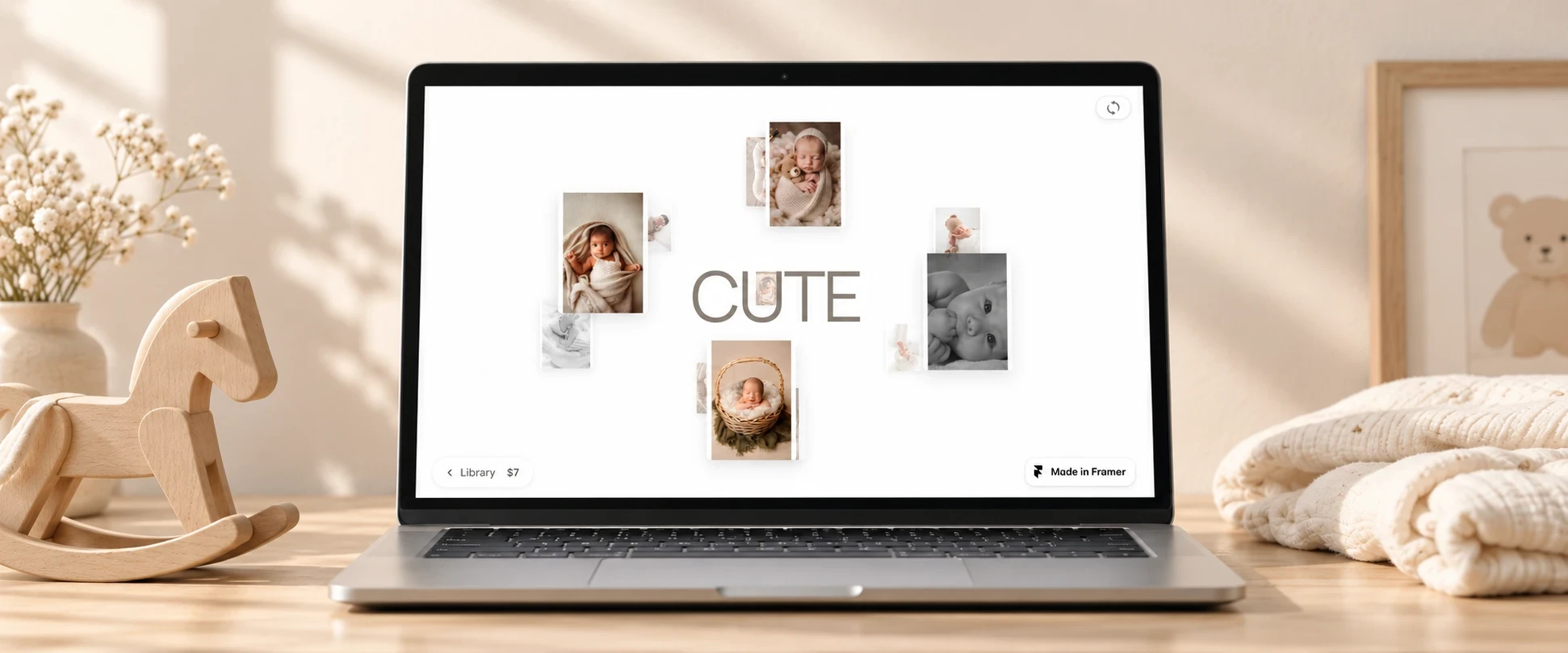 Orbit Sphere auf einem Laptop neben einem Holzschaukelpferd: Babyfotos schweben räumlich um CUTE.