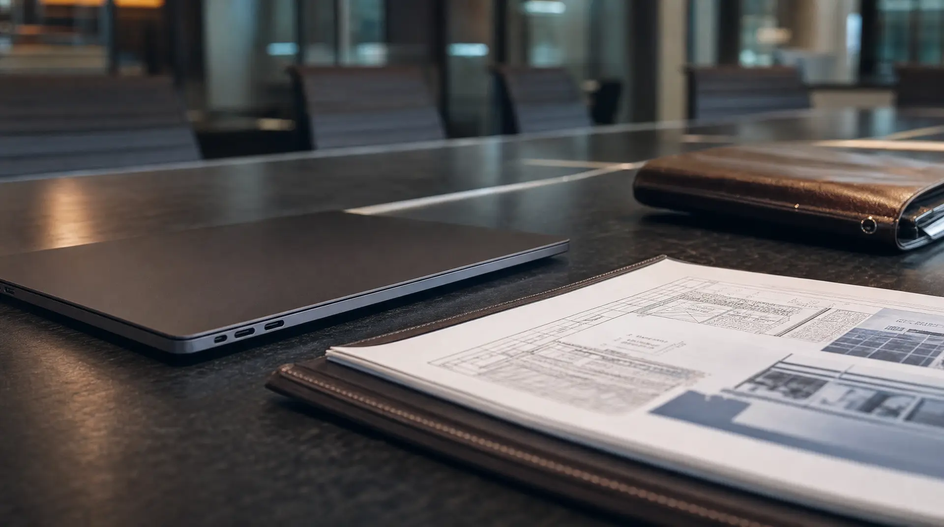 Laptop and architectural blueprint spread across a conference table, supporting tech brand strategy discussions.