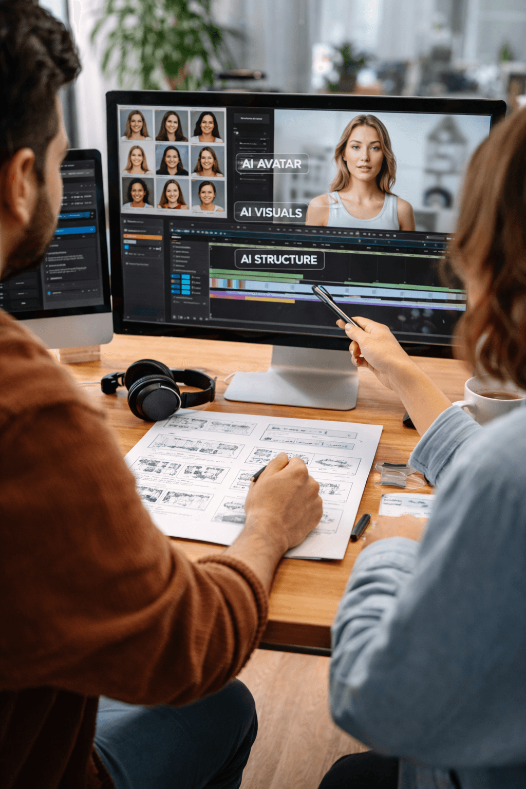 Person in fog with a glowing, glitching computer monitor head, dark cyberpunk portrait.