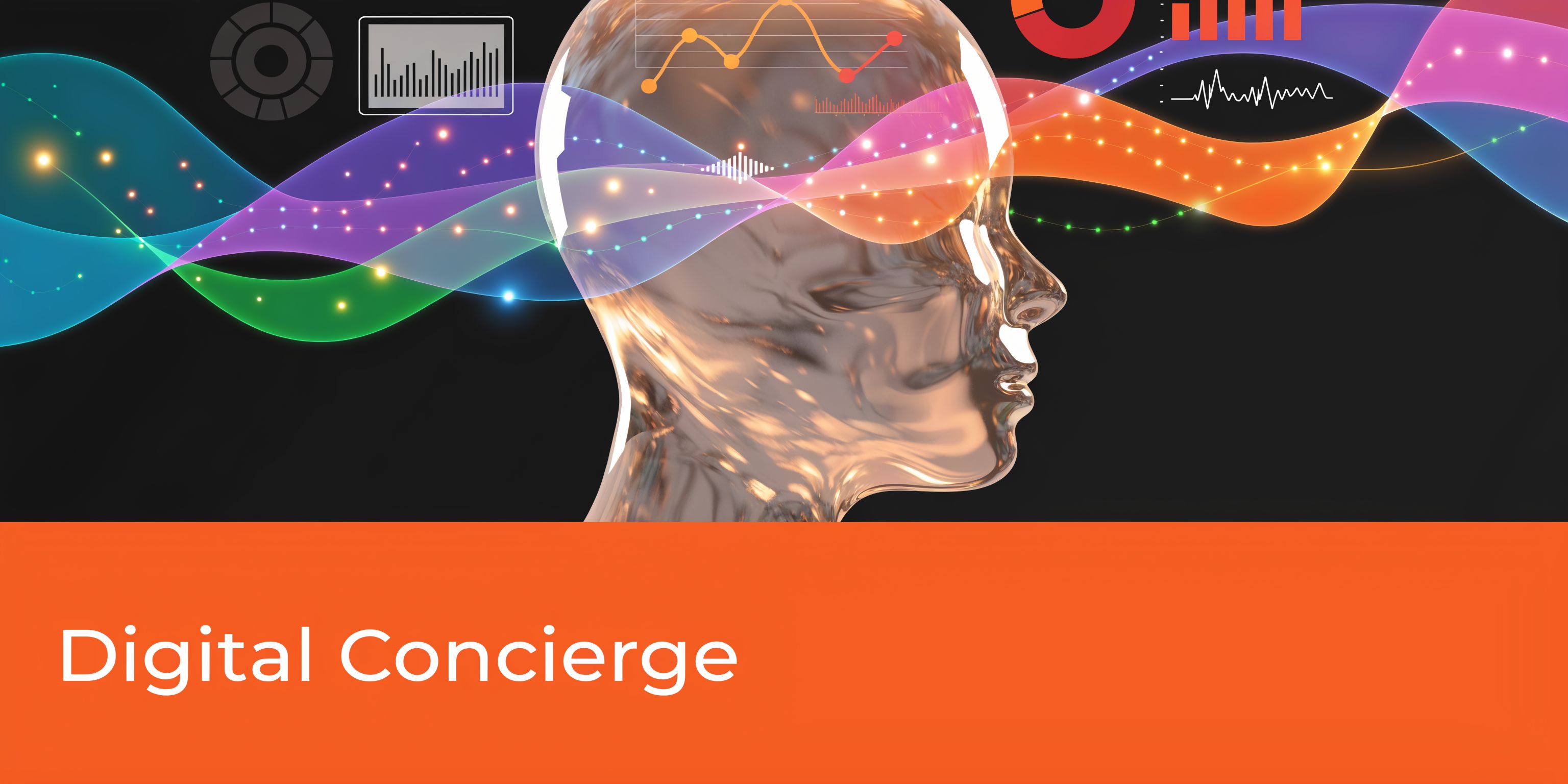 A digital representation of a human head silhouette with colorful data waves and analytical charts background.