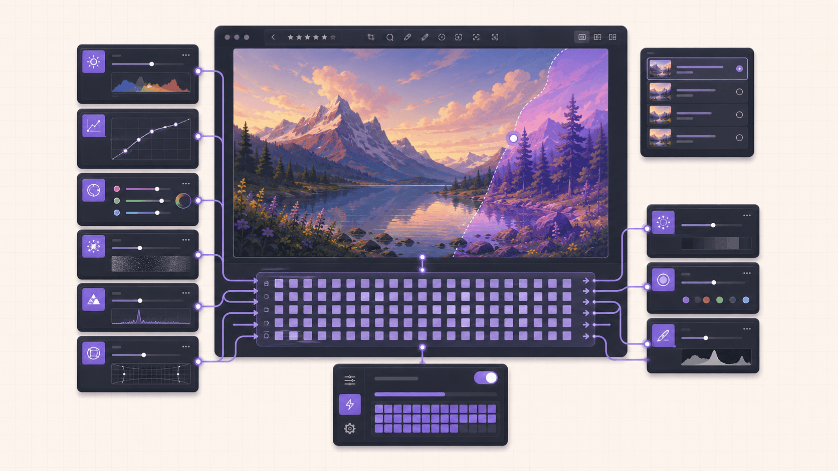 Darktable processing modules sending photo adjustments through parallel compute tiles before updating the edited image preview.