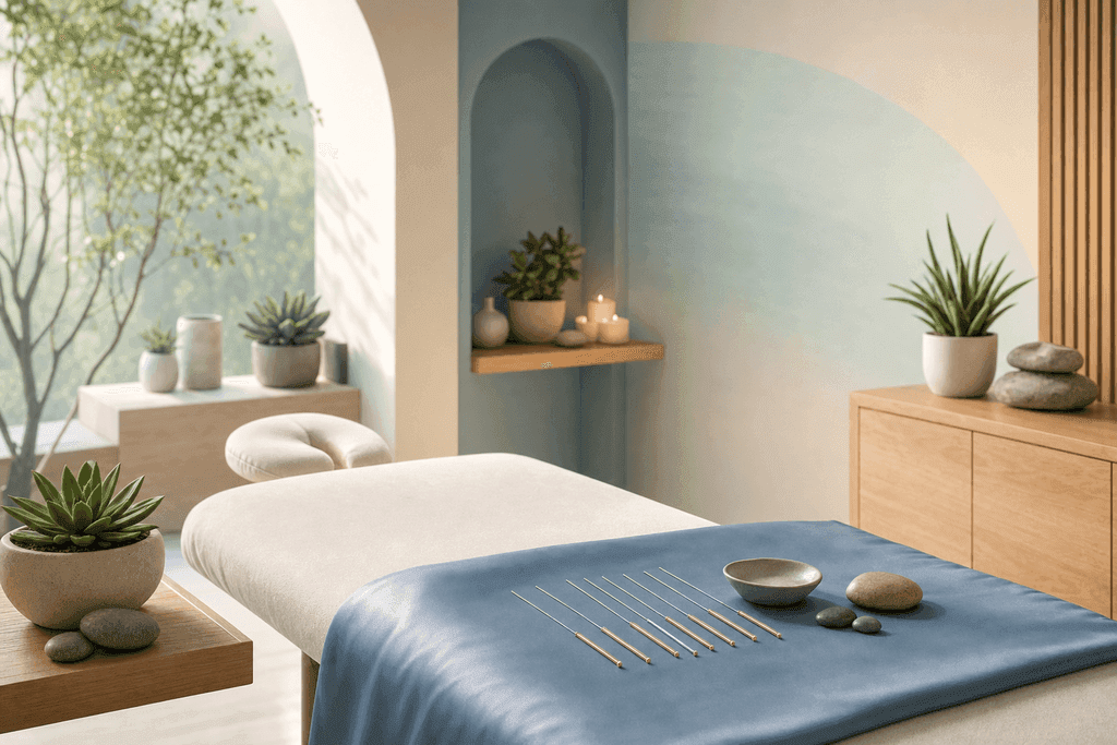 A tranquil, modern acupuncture clinic interior featuring a minimalist treatment table with neatly arranged acupuncture needles on a soft blue silk cloth, surrounded by potted succulents and smooth river stones, bathed in gentle, diffused natural sunlight with soft pastel gradients on the walls, evoking an atmosphere of calm and healing—no characters, text, or humans.