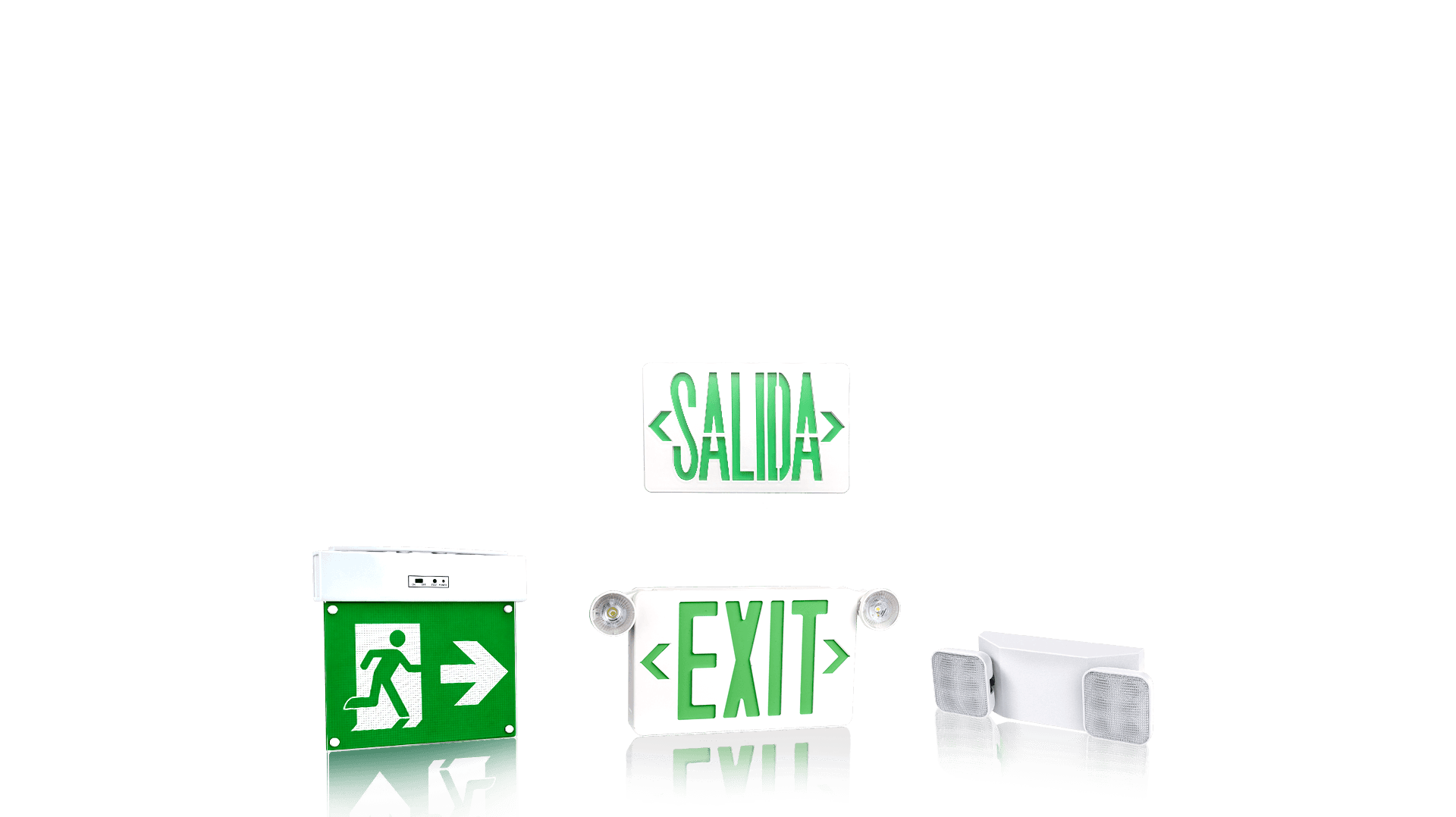 LED exit signs and emergency lighting fixtures, safety evacuation indicator lights