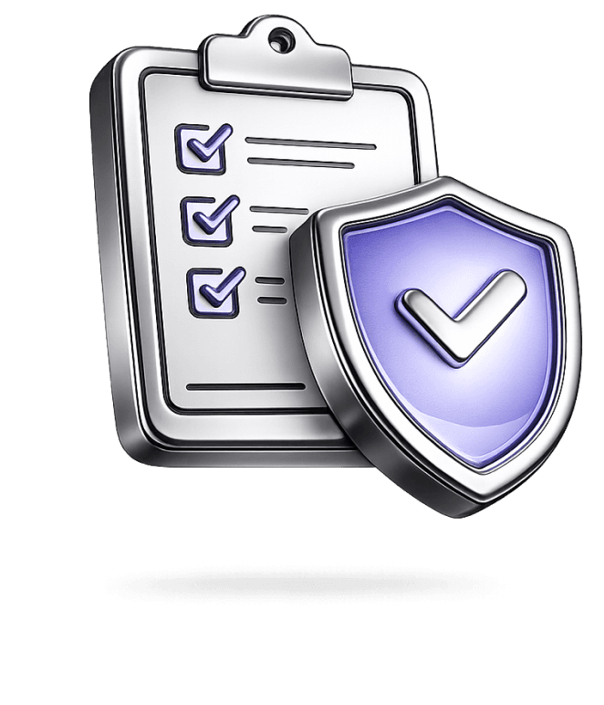 3D clipboard checklist with a shield and checkmark representing regulatory compliance and security validation.
