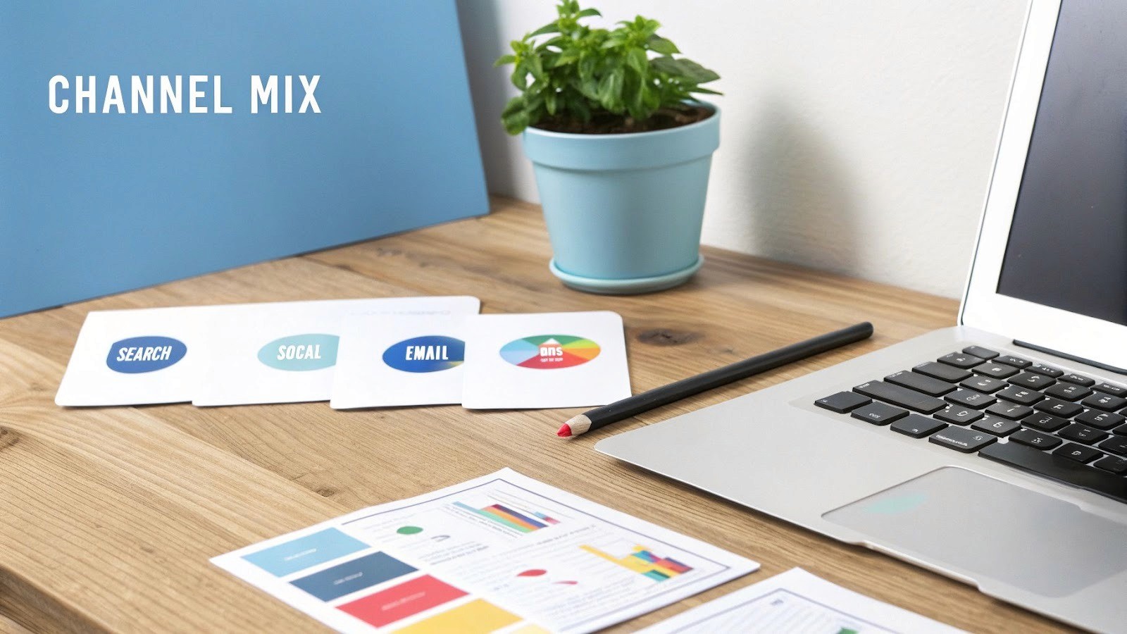 A marketing desk setup showing cards for 'SEARCH', 'SOCIAL', 'EMAIL', and 'SNS' channels.