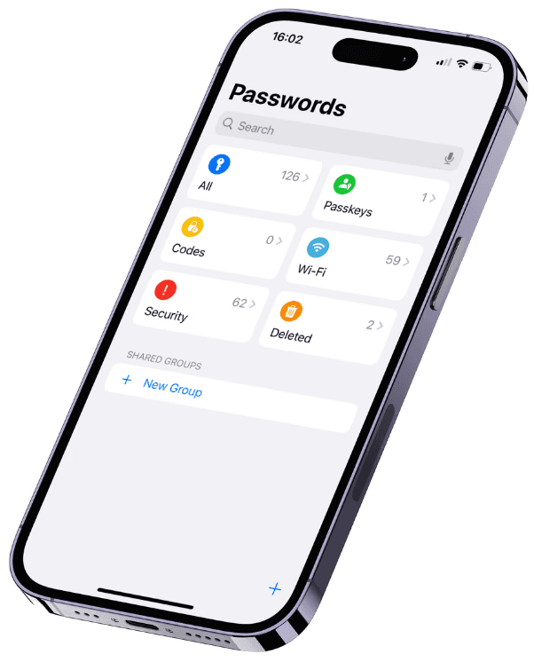 iPhone mockup with Apple passwords dashboard displayed.