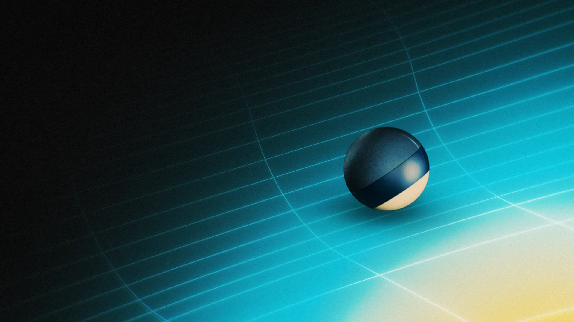A dark blue and teal abstract background with a small, dark sphere positioned to the left.