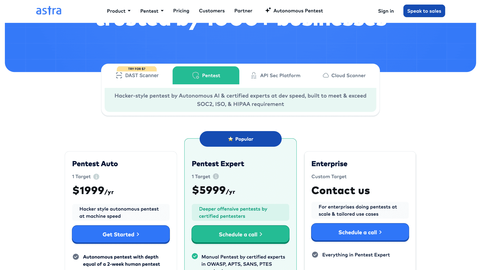 Astra pricing page showing Pentest Auto at 1,999 dollars per year, Pentest Expert at 5,999 dollars per year, and Enterprise