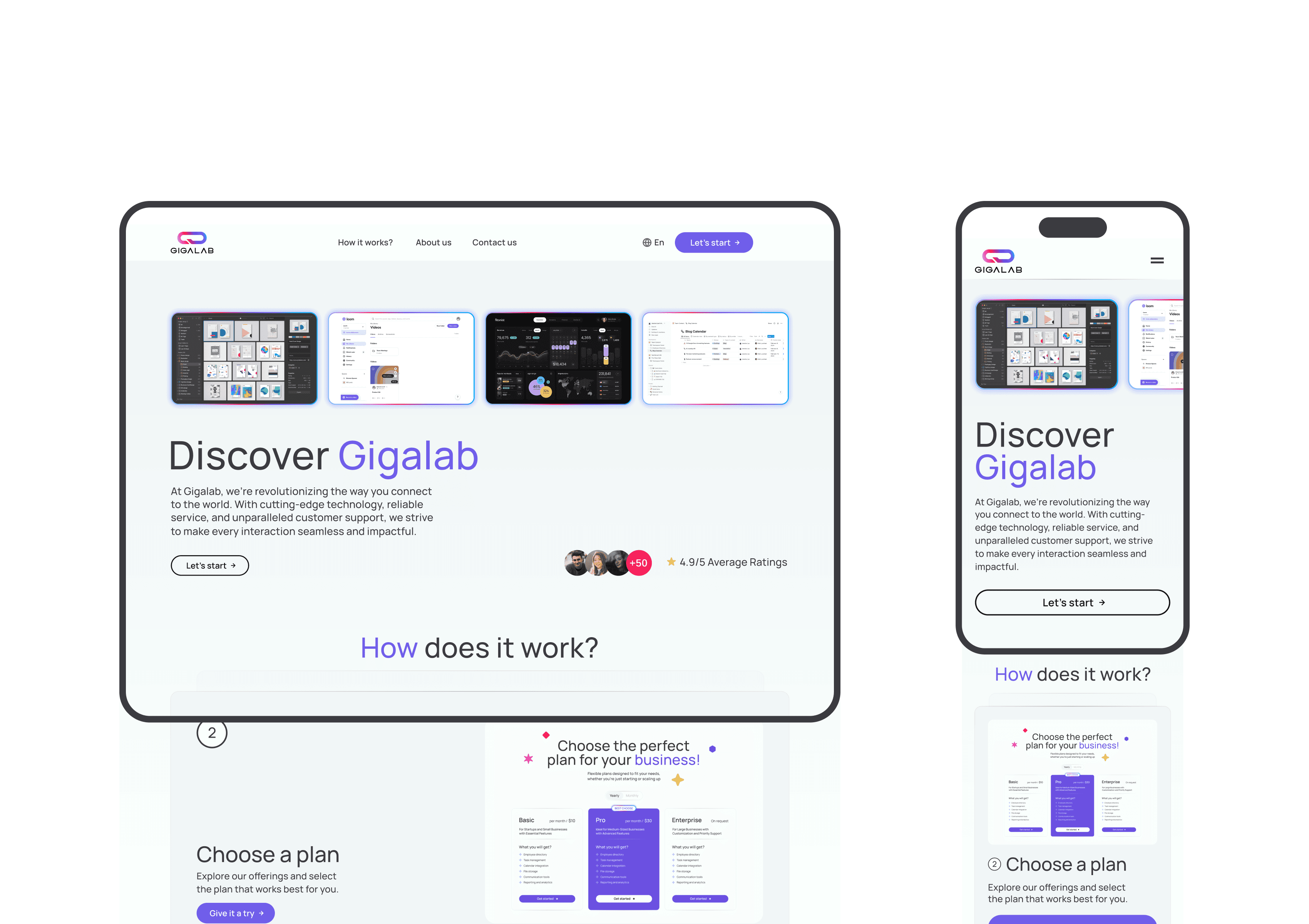 Desktop and mobile versions of Gigalab homepage demonstrating responsive web design.