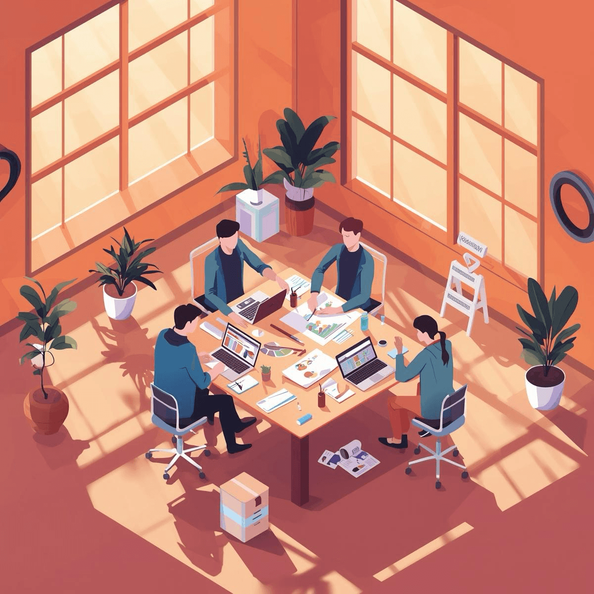 Een afbeelding van een tafel in een kamer waar mensen om heen zitten die druk bezig zijn met hun project