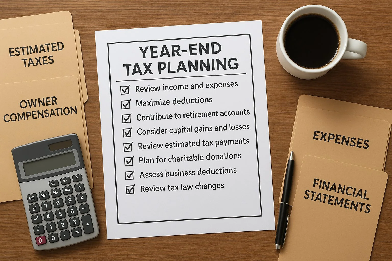 Overhead view of a tidy year-end tax planning checklist on a desk, surrounded by folders for estimated taxes, owner compensation, expenses, and financial statements, with a calculator and coffee nearby.