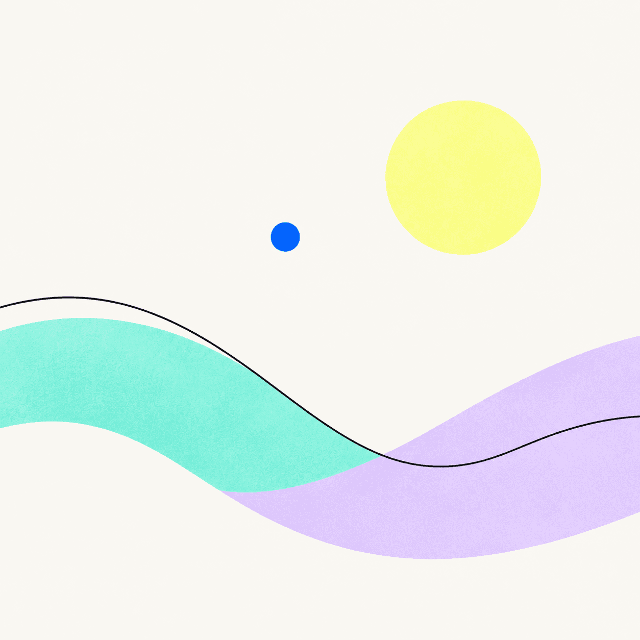 Abstract illustration of two crossing waves in mint and lilac beneath a yellow sun