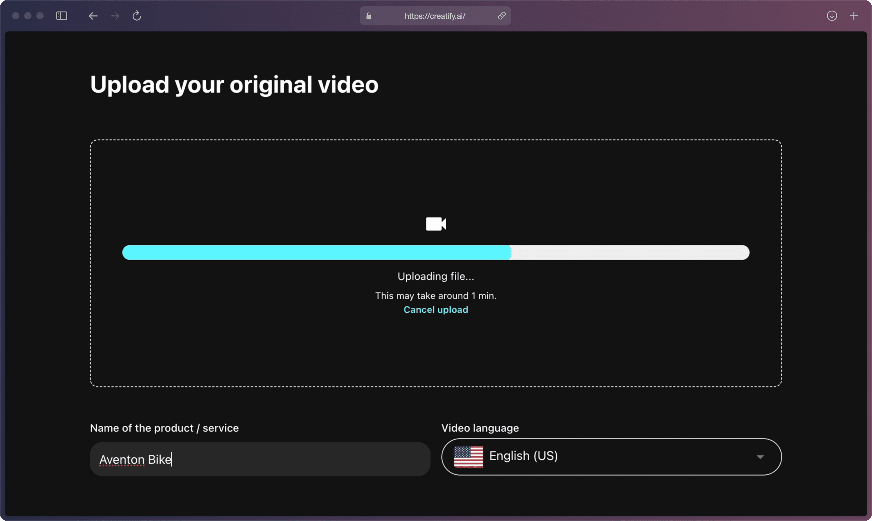 A screenshot of Creatify AI app with the detailed information of “Upload your original video” with the “Name of the product” blank filled