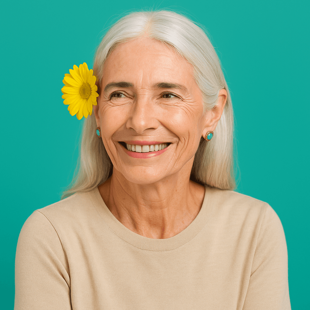 Elderly female with flower in her hair