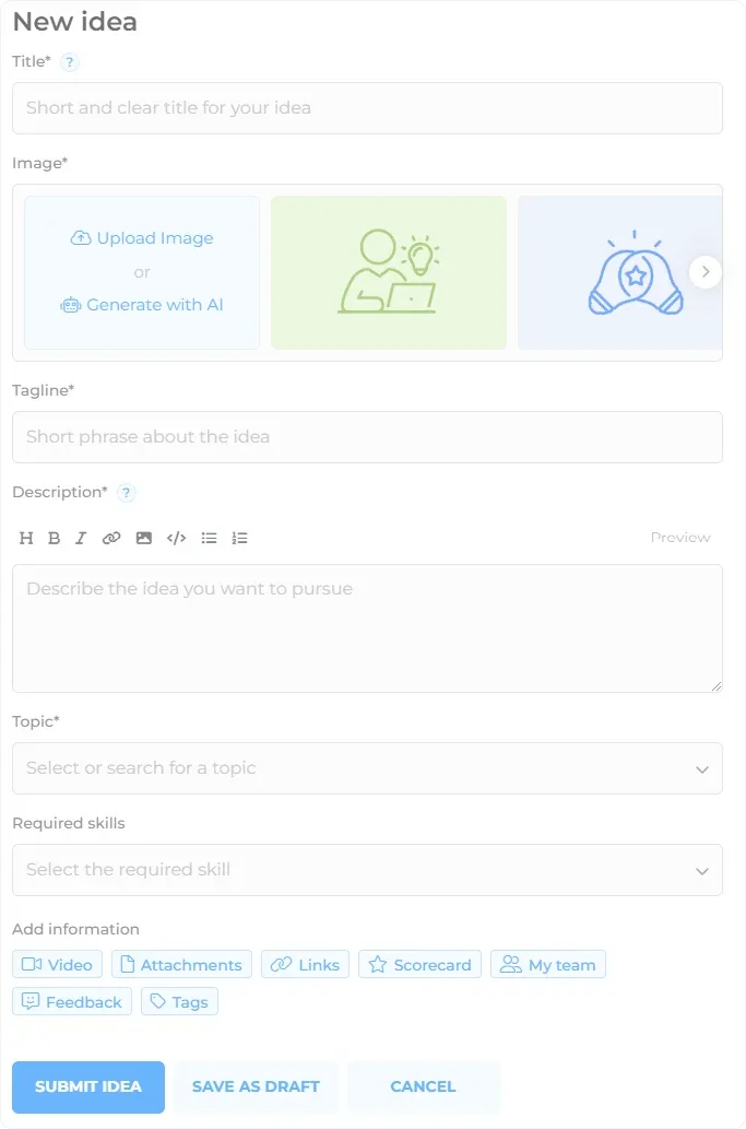 Online form titled “New idea” with fields for title, image, tagline, description, topic, and required skills, plus options to submit, save, or cancel.