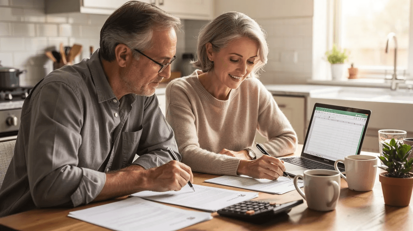 A couple in their early sixties sits together at a kitchen table, reviewing financial documents that include their estate plan and investment strategies as they prepare for retirement. They focus on their financial assets and make important decisions regarding their future savings and spending.