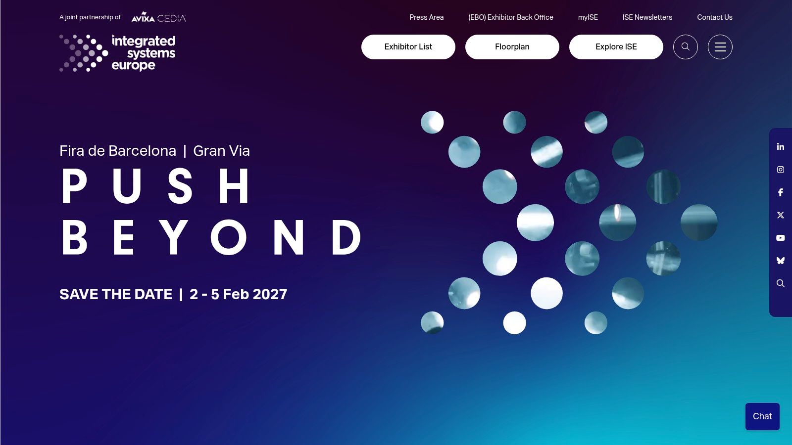 The homepage of the Integrated Systems Europe website, showcasing the event's branding and key information.