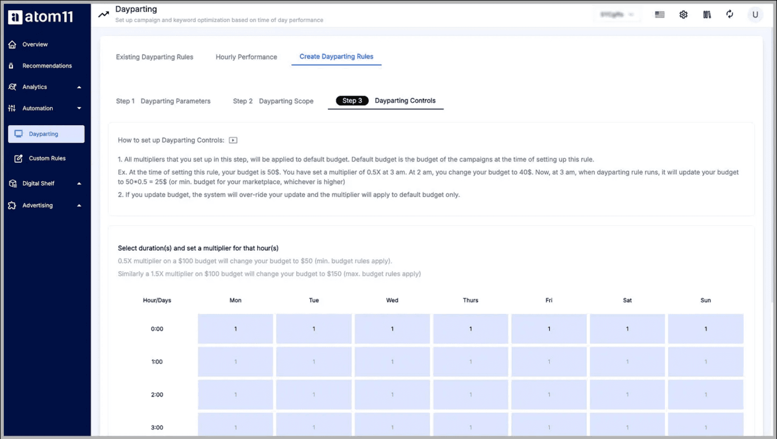 atom11 dayparting schedule showing hourly budget @@ atom11 dayparting schedule showing hourly budget