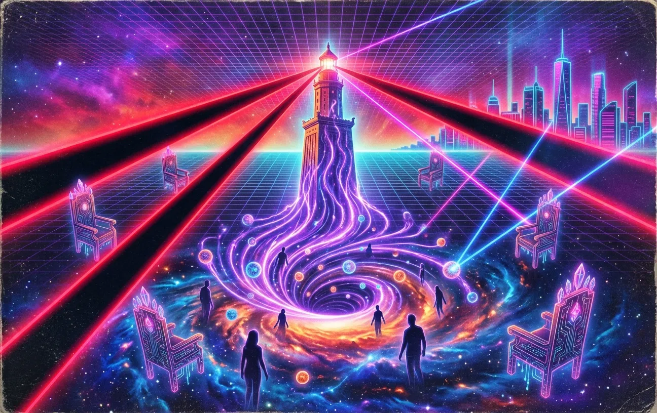 Surreal digital art with neon lighthouse, cityscape by RockN' Socials Digital Marketing Agency.