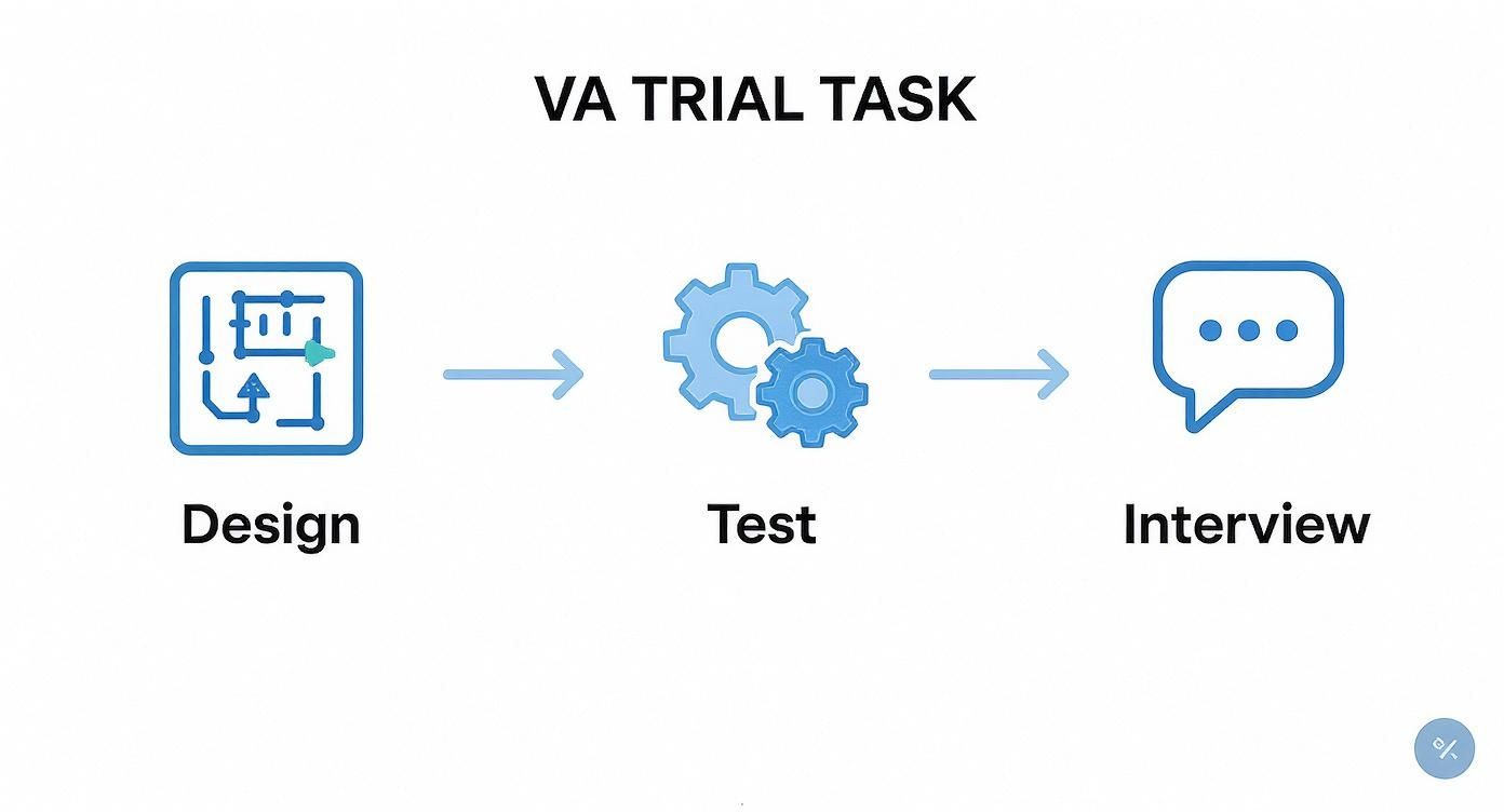 A flowchart titled 'VA TRIAL TASK' showing steps: Design, Test, and Interview, connected by arrows.