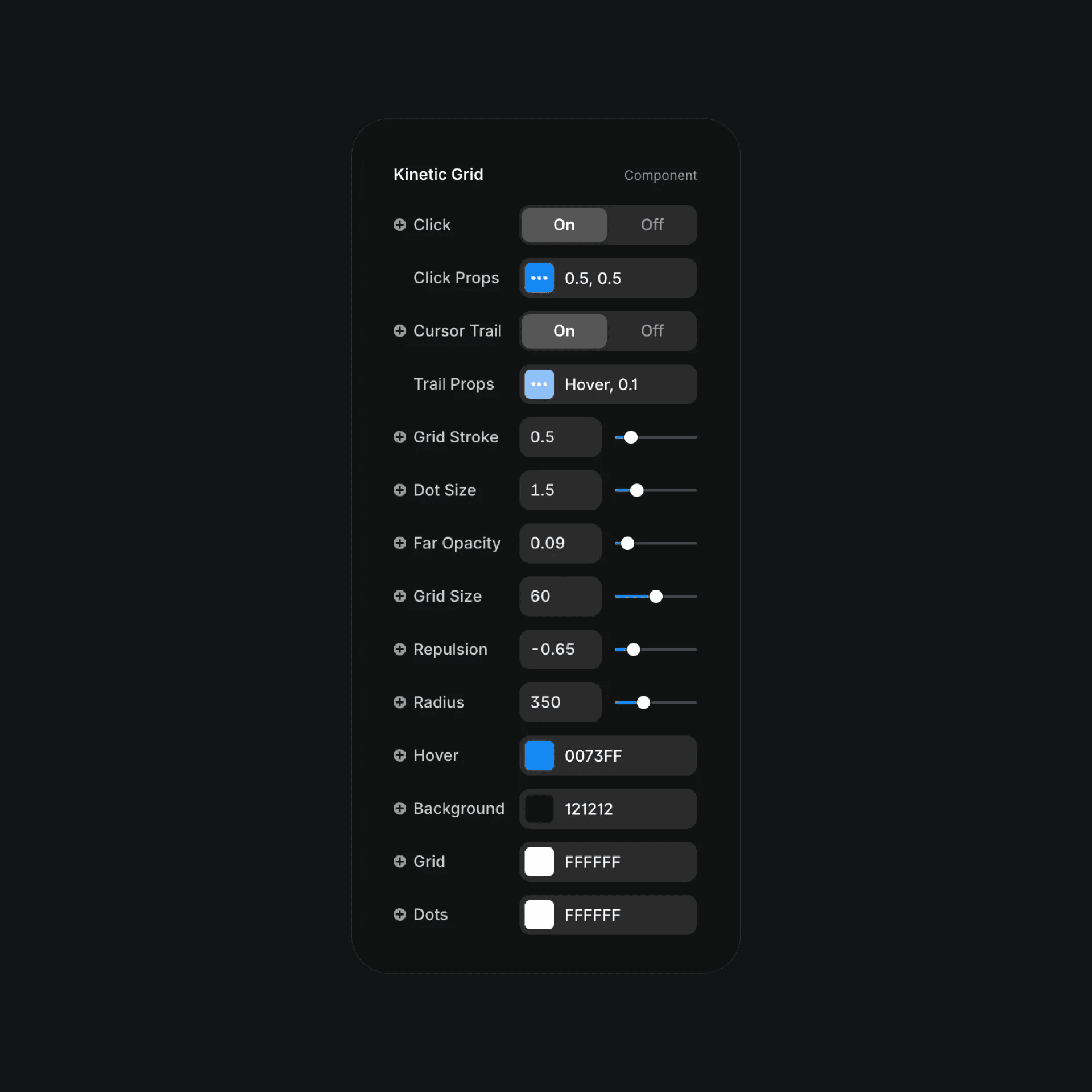 Framer Kinetic Grid settings panel with sliders and toggles