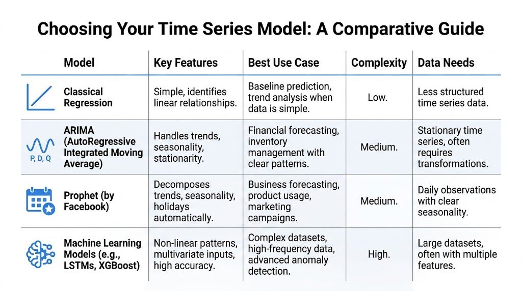 A comparative table outlining various time series models including Classical Regression, ARIMA, Prophet, and Machine Learning models.