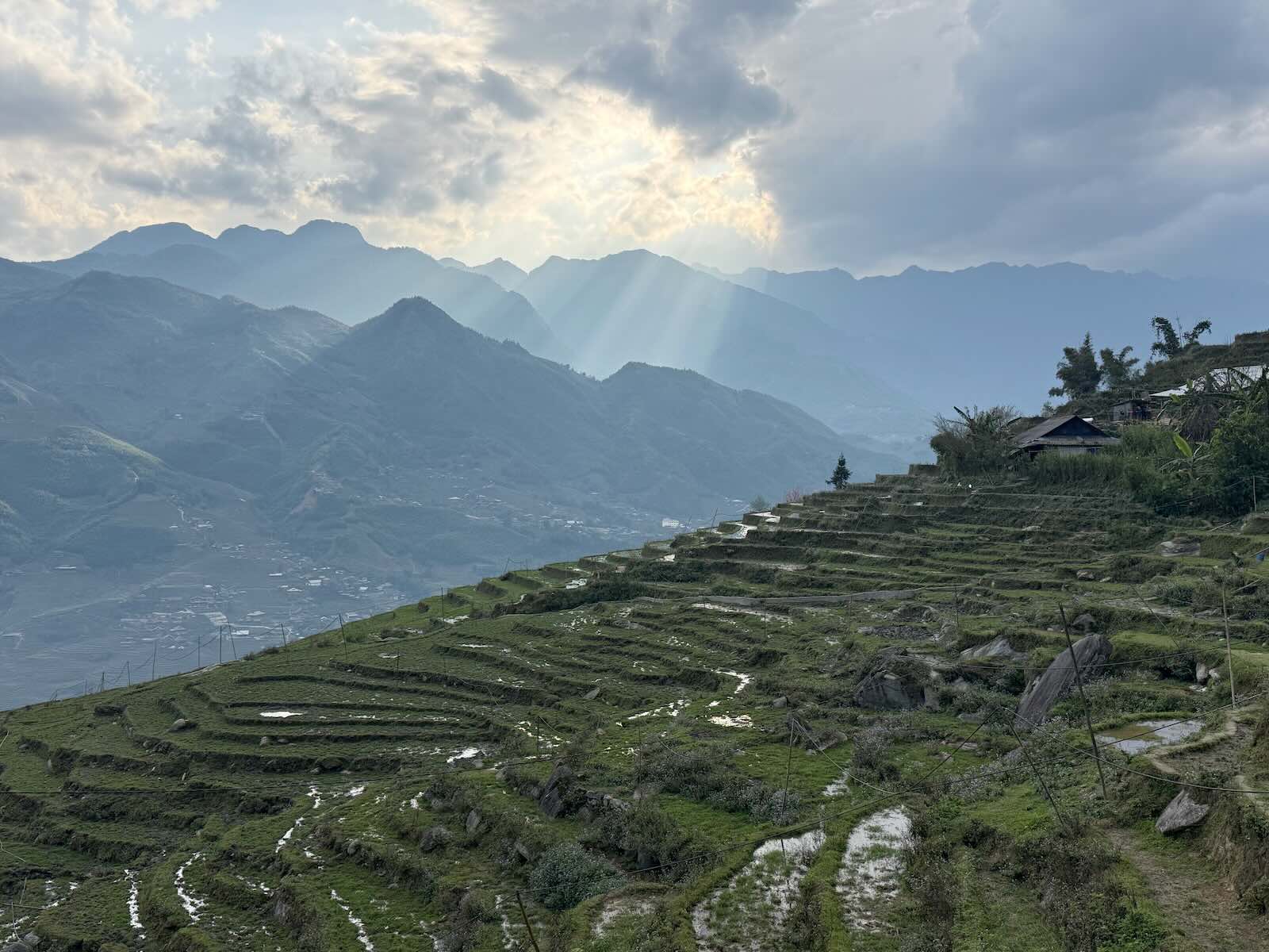 Rice terraces and mountain views in local villages at sunset in Sapa Vietnam