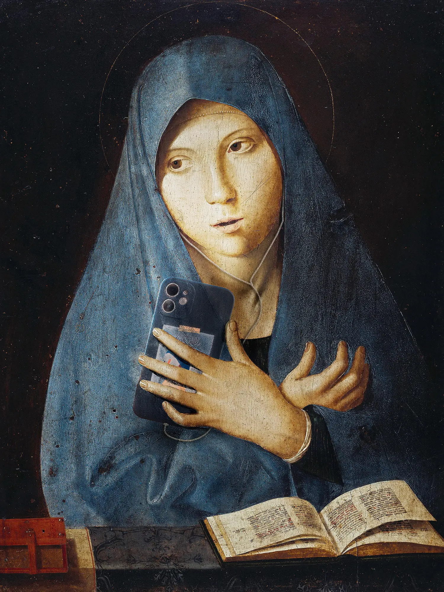 Klassisches Gemälde der „Jungfrau der Verkündigung“ (Antonello da Messina), humorvoll ergänzt um Smartphone und Ohrhörer — Keyvisual für den digitalen Pocket Guide.
