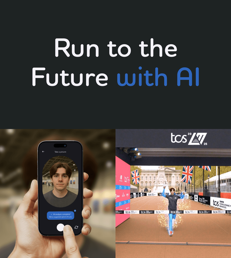 Promotional visual titled “Run to the Future with AI”, showing a phone capturing a user selfie and a stylised avatar crossing the branded finish line of the 2025 TCS Marathon.