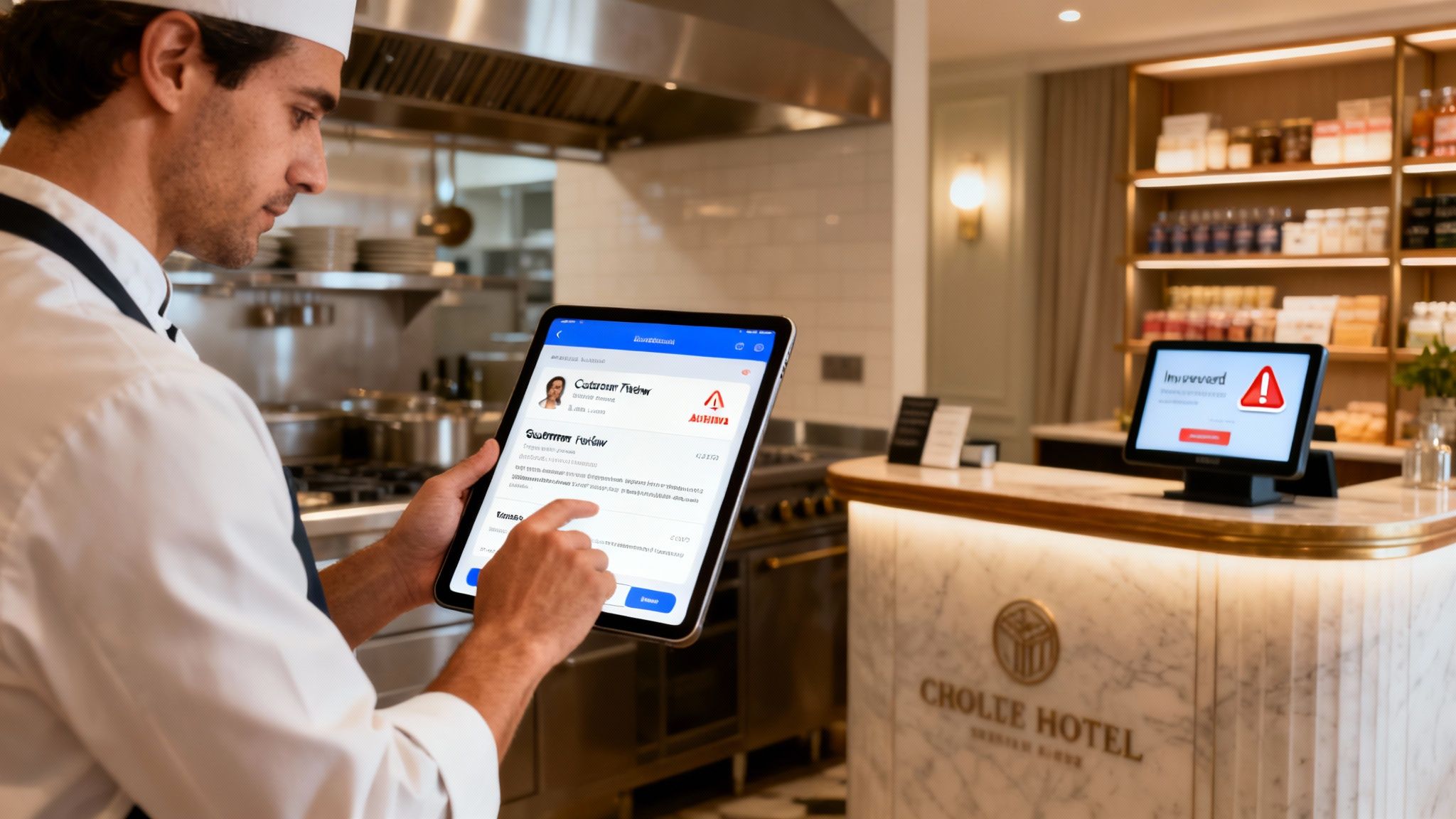 Chef reviews customer feedback on a tablet in a modern hotel kitchen with an alert screen nearby.