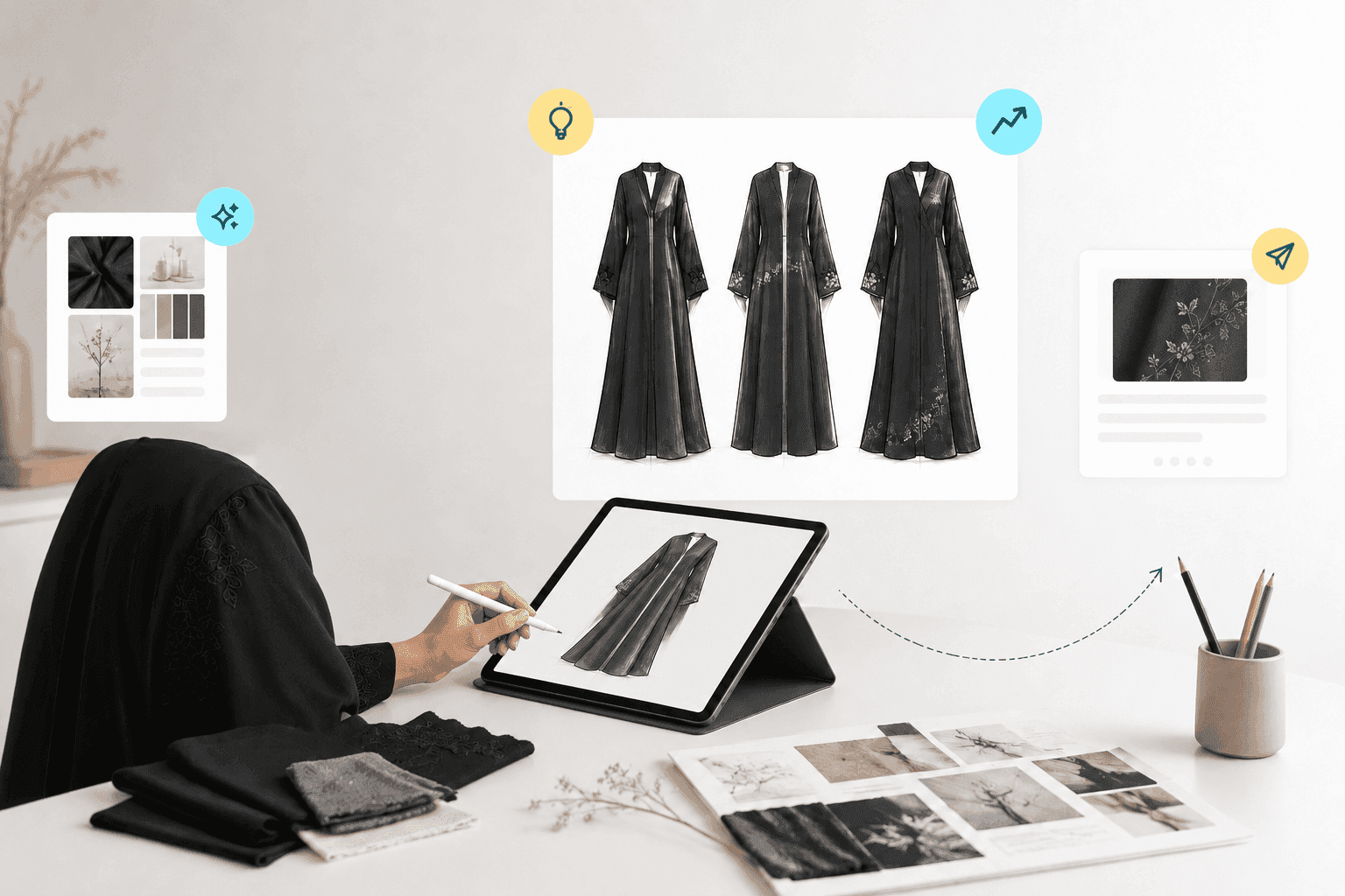 تصميم أول عباية للكولكشن باستخدام الرسم الرقمي وعينات القماش