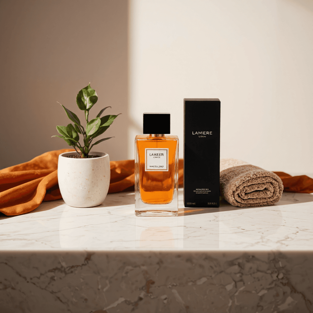 product photography of perfume bottle with packaging