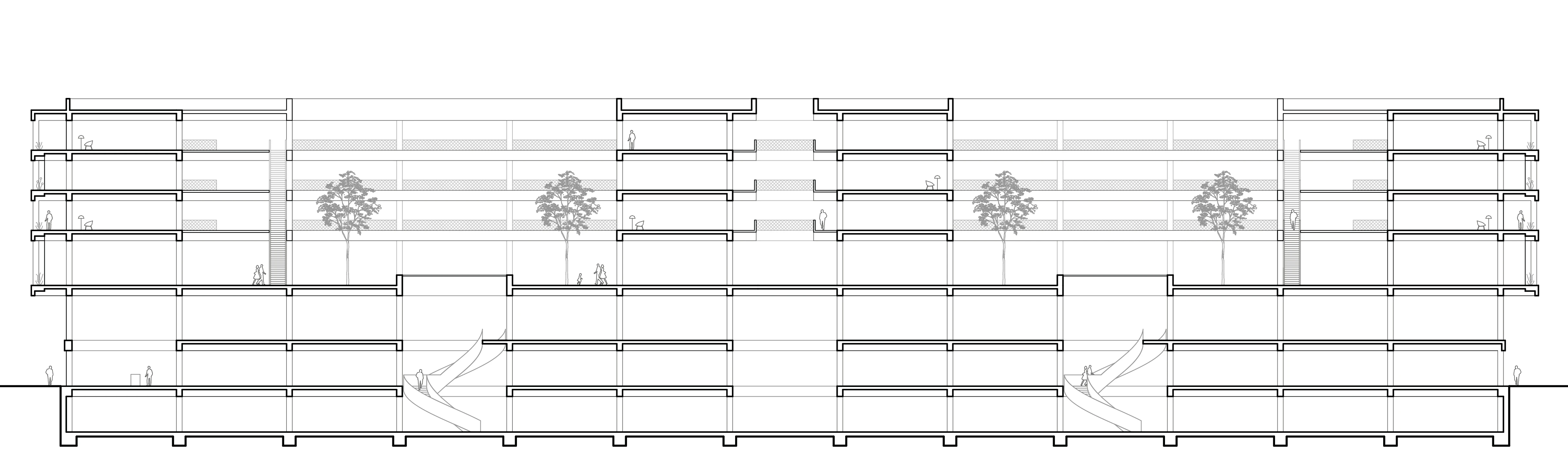 Längsschnitt durch den Entwurf Kaufhaus Müllerstraße 25 in Berlin-Wedding mit Innenhöfen, Laubengängen und Oberlichtern