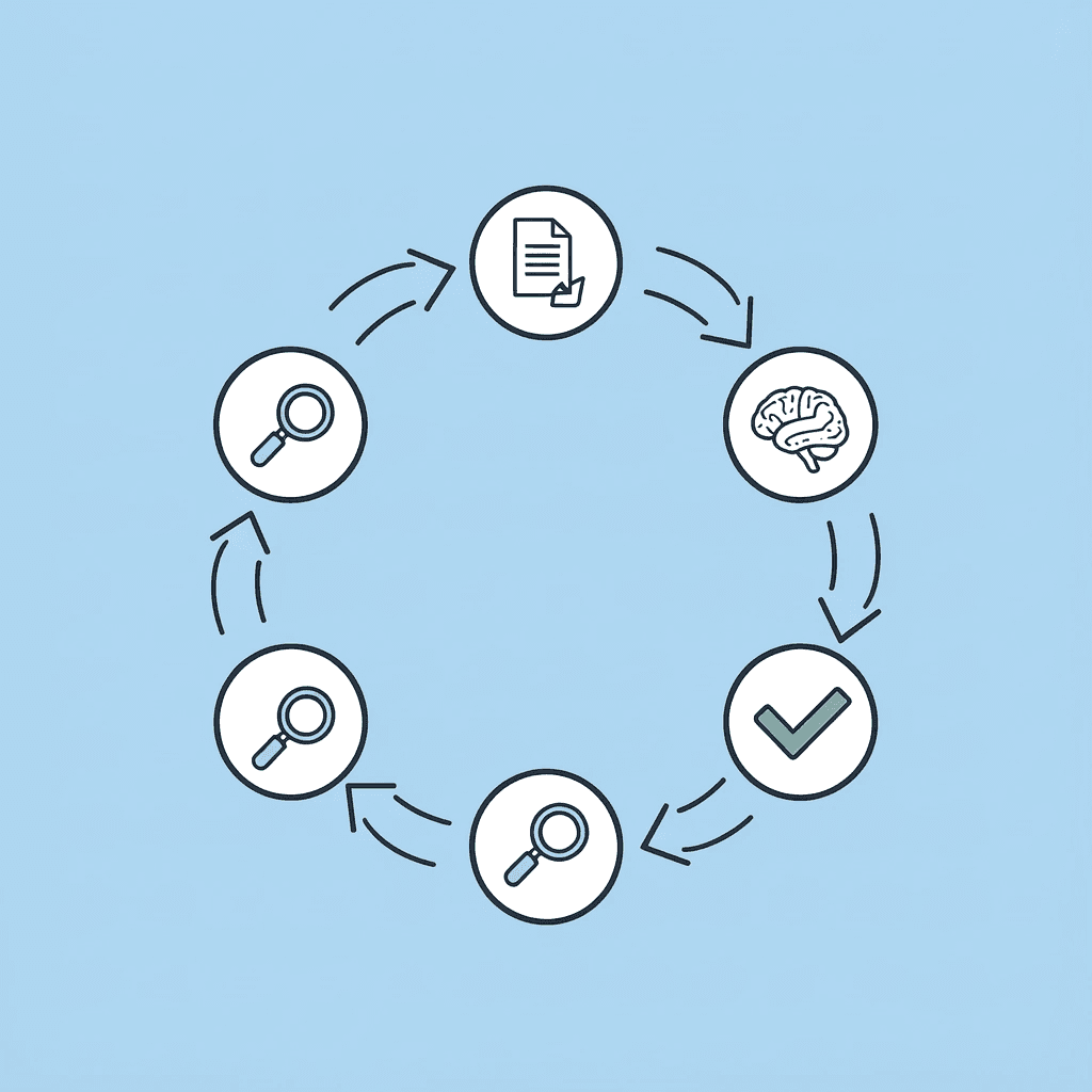 Circular diagram showing five phases of the literature review process: scope definition, structured extraction, thematic analysis, drafting, and refinement