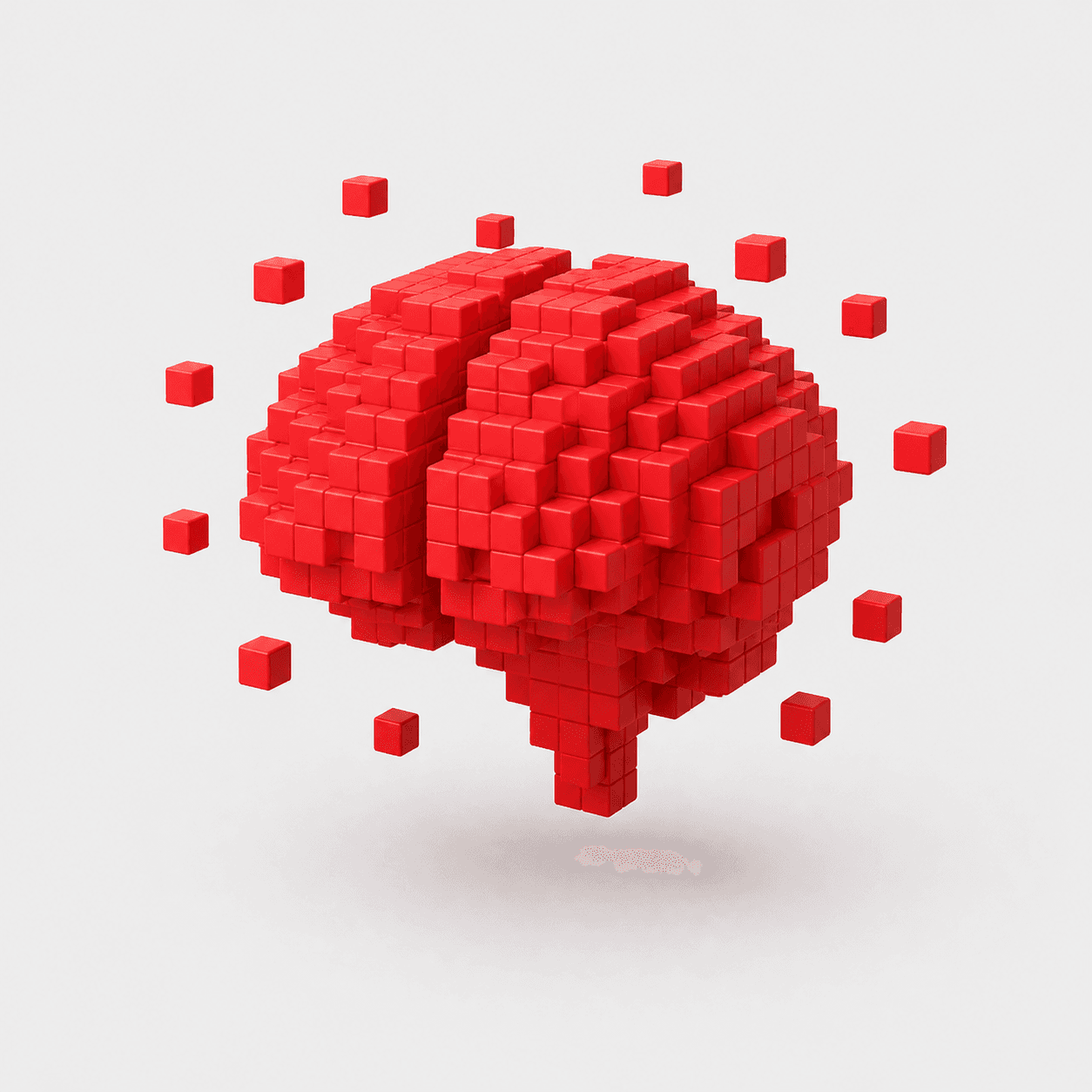 Red voxel brain with cubes symbolizing AI tools