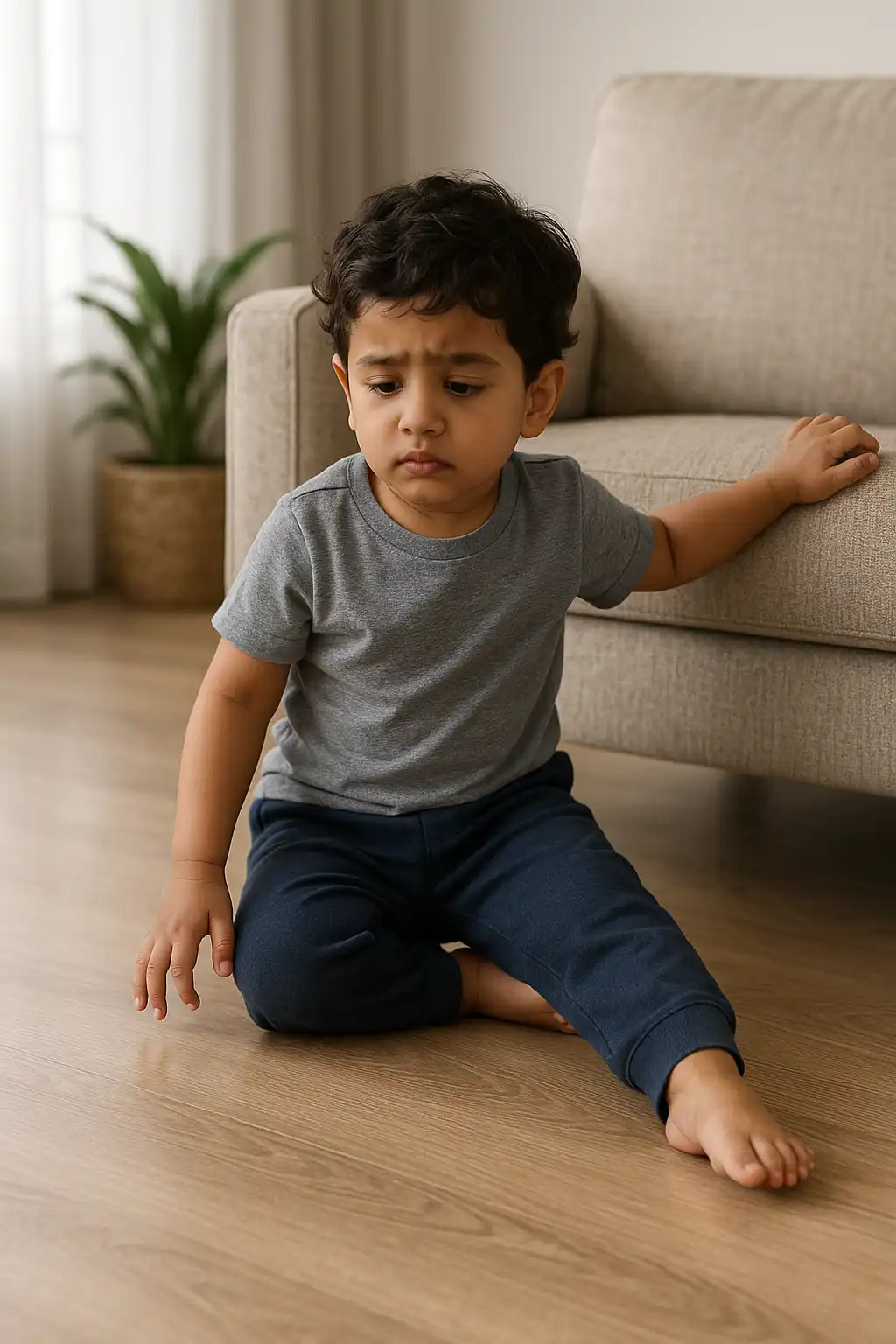 Toddler sitting on the floor with an unsteady posture, showing signs of developmental delay and reduced motor control.