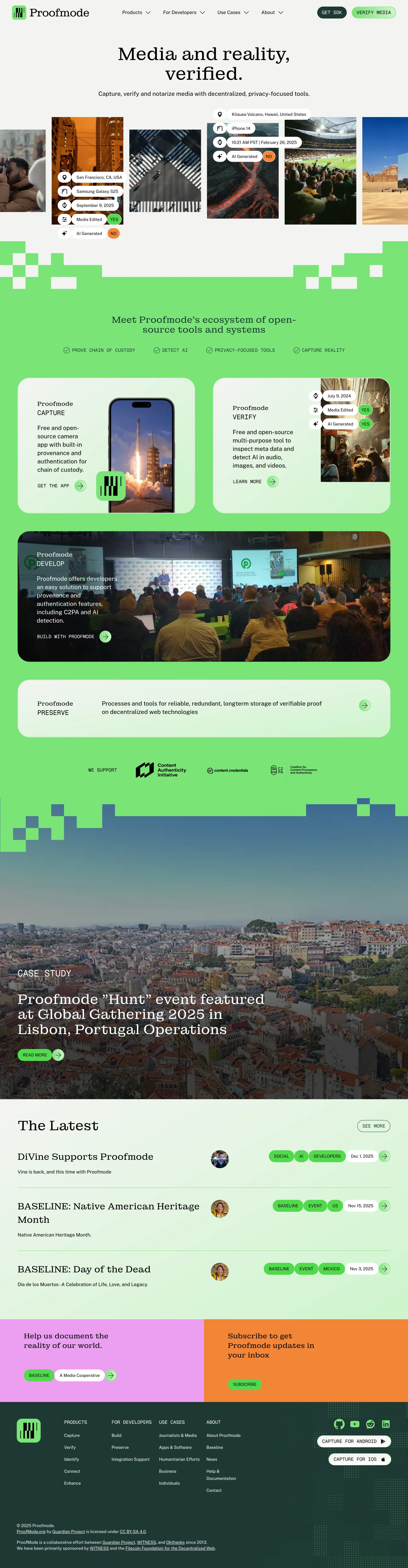 Proofmode landing page screenshot showcasing Tech design